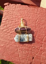 Titanuim quartz and raw blue Kyanite wire wrapped pendant. Gold tone wire. - £22.30 GBP