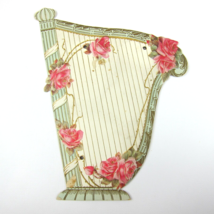 Antique Valentine Ephemera Music Harp Pink Roses Flowers LARGE Die Cut S... - $14.99