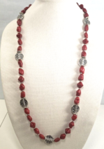 Premier Designs Necklace Red Stone and Silver Scroll Disc Beads 34-37&quot; Long - £20.70 GBP
