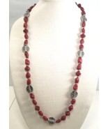 Premier Designs Necklace Red Stone and Silver Scroll Disc Beads 34-37&quot; Long - $26.32