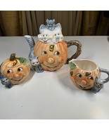 Anthropomorphic Fall Pumpkin Halloween Tea Set Tea Pot Creamer &amp; Sugar G... - $525.81 MXN