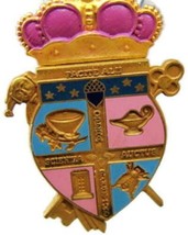 Fraternity School Opera Scientia Auctus Pulchrituoo Purple Vintage Brooch Pin - £23.87 GBP