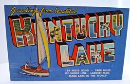 Greetings From Kentucky Lake Large Big Letter Postcard Linen Unused Sail Boat - $6.89