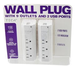 Tech 2 Wall Plug With 9 Outlets &amp; 2 USB Ports - £16.41 GBP