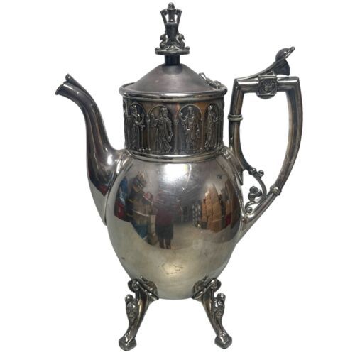 1874 Antique Reed And Barton Silverplate Coffee Pot Apostles Cloaked Men 11.5" Tea/Coffee Pots