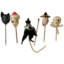 5 Spun Cotton Vintage Halloween Christmas Cake Party Pick Toppers Made I... - $24.59