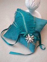 Gatsby velevet ring bearer pillow Fabulous Wedding feather petrol turquoise  - £39.16 GBP