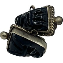 Vintage Mexican Sterling Signed Earrings Mask Black Onyx Carved Mayan Screw Back - £18.52 GBP