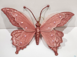 GORGEOUS Christmas Rose Gold Pink Butterfly Glitter Ornament Pick Decor - £10.85 GBP