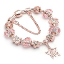 18K Rose Gold Plated Pink Crystal Butterfly &amp; Flower Cz Charm Bracelet - £9.58 GBP