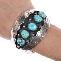 6.5&quot; Vintage Navajo Silver shadowbox turquoise row cuff bracelet - £366.33 GBP