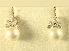 Vintage Sterling Silver Pearl with Crown Cubic Zirconia Bridal Wedding Earrings - £39.46 GBP
