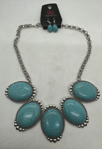 Paparazzi Necklace &amp; Earrings Set Silver Tone W/ Turquoise Color Oval Stones NWT - £11.93 GBP