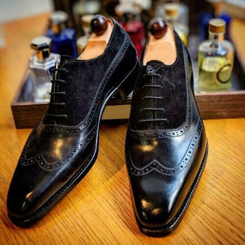 Handmade Leather Black Wingtip Two Tone Lace up Dress Leather Shoes For Men Item image 2