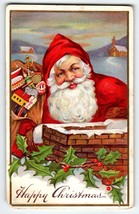 Santa Claus Christmas Postcard Jolly Face Saint Nick Toys Church Chimney Ser 61B - £10.44 GBP