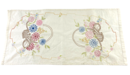 Vintage Table Runner Basket of Red Blue Flowers 25 x 12.5 in. Hand Embroidered - £10.57 GBP