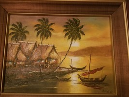 Mid Century Oil on Canvas,Exotic,Island,PalmTrees,Boats,Vintage,Original,Framed - £108.43 GBP