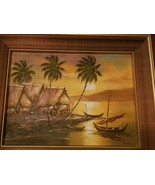 Mid Century Oil on Canvas,Exotic,Island,PalmTrees,Boats,Vintage,Original,Framed - £107.52 GBP