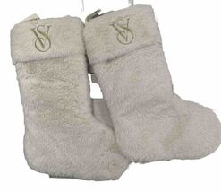 2 Victoria’s Secret Christmas Stocking Exclusive White Faux Fur Gold Let... - $77.22