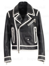 New Men&#39;s Black Silver Studded Punk Rock Cowhide Motorbike Leather Jacke... - £207.07 GBP