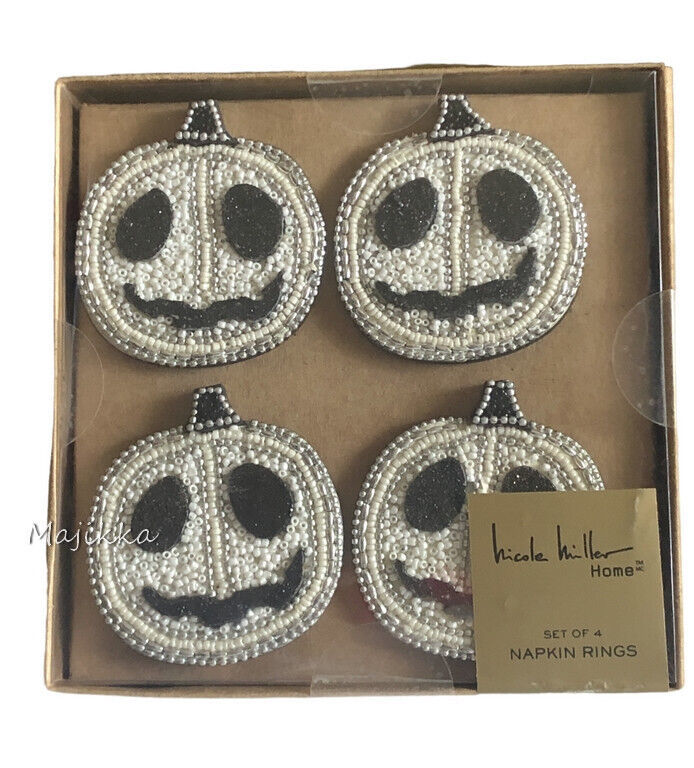 Primary image for Nicole Miller Halloween Jack Skellington White Beaded Napkin Rings Set of 4 Skul