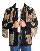 Men Western Black Color Cowboy Style Beige Fringes Suede Leather Jacket - £143.87 GBP