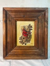 Vintage Dried Flower Acorn Moss Leaves Fungi Picture with Red Cardinals - £19.31 GBP