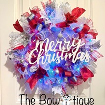 Christmas Poinsettia Holiday Ribbon Door Wreath Handmade 22 ins LED W15 - £62.54 GBP