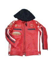 Men&#39;s Red Distressed Patches Fifty Eight Motorcycle Hooded Leather Jacket - £77.84 GBP