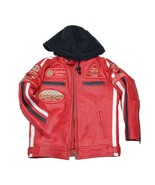 Men&#39;s Red Distressed Patches Fifty Eight Motorcycle Hooded Leather Jacket - £77.84 GBP