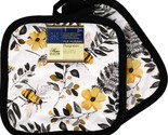 Set of 2 Same Printed Kitchen Potholders, 7&quot;x7&quot;, BEES &amp; LEAVES, black ba... - £6.24 GBP