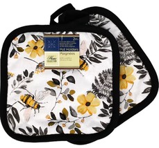 Set of 2 Same Printed Kitchen Potholders, 7&quot;x7&quot;, BEES &amp; LEAVES, black ba... - £6.23 GBP