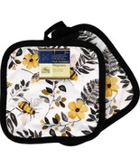 Set of 2 Same Printed Kitchen Potholders, 7&quot;x7&quot;, BEES &amp; LEAVES, black ba... - £6.22 GBP