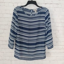 Loft Blouse Womens Small Blue White Striped Sheer 3/4 Sleeve Boatneck Top Flaw - £12.78 GBP