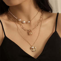 Pearl &amp; 18K Gold-Plated Layered Lock Pendant Necklace Set - £11.91 GBP