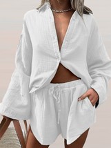 Fashion Long Sleeve Lapel Single Breasted Cardigan Shirt +  Waist Shorts 2 Piece - £85.38 GBP