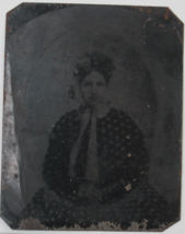 Tintype Photo Young Lady Woman Polka Dot Dress Bonnet Hat Ribbon Antique 1860s - £23.97 GBP