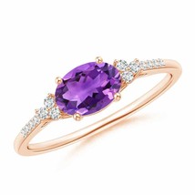 ANGARA Horizontally Set Oval Amethyst Solitaire Ring with Trio Diamond Accents - £580.83 GBP