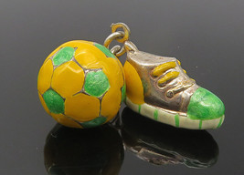 925 Sterling Silver - Vintage Enamel Soccer Ball &amp; Cleat Sports Pendant - PT9350 - £21.80 GBP