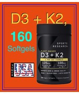 D3 + K2, Sports Research Plant Based D3 (5,000 IU) + K2 (100 mcg) 160 Gels - $860.11 MXN