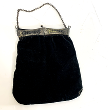 Victorian Purse Black Velvet Pouf Style Chain Hand Bag Ornate Metal Trim Antique - £30.33 GBP