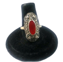 Antique Art Deco Coral Marcasite &amp; Sterling Silver Ring Size 7 - $123.75