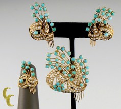 Set of 18k Gold Earrings, Brooch, Ring Sz 6.5 set w/ Pearl &amp; Turquiose C... - $4,322.28