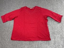 Quacker Factory Shirt Womens 3X Red Rhinestone Embellished V Neck 3/4 Sl... - $24.74
