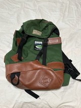 Vintage L.L Bean Leather Nylon Backpack Green Brown Patch Grand Teton Idaho - $98.95