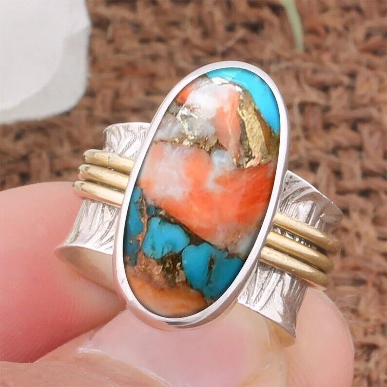 Solid 925 Sterling Silver Oyster Turquoise Gemstone Two Tone Ring Jewelry - $27.22+