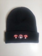 Black Knit Beanie Cap With Red and White Mushrooms - New - £6.78 GBP