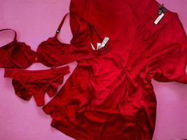 Victoria&#39;s Secret Unlined 34C,34D,34DD,34DDD Bra Set+Robe Kimono Red Crystal Bow - £94.61 GBP