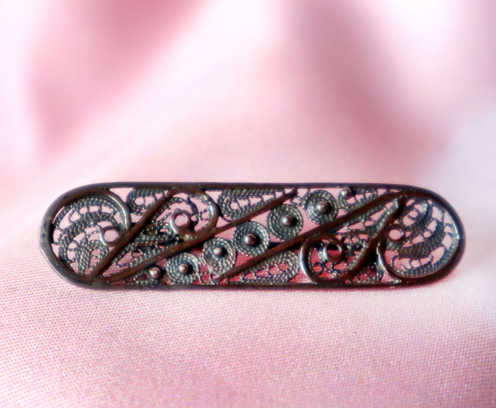 Primary image for Antique Edwardian Oxidized Sterling Silver Brooch C Clasp Filigree Bar Style