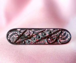 Antique Edwardian Oxidized Sterling Silver Brooch C Clasp Filigree Bar Style - £37.54 GBP